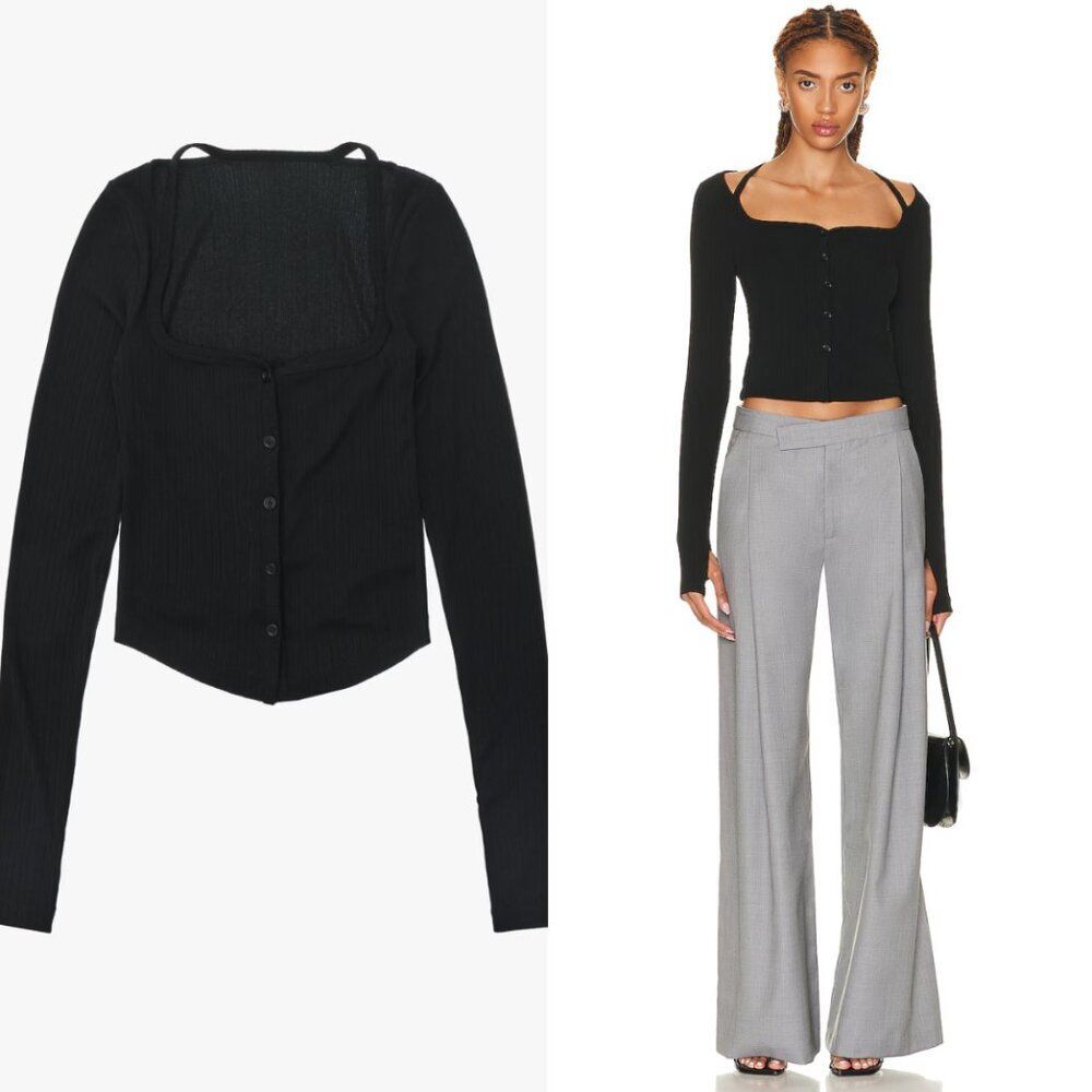 Helmut Lang Ribbed Square Neck Cutout Stretch Jersey Cardigan Black Size Small